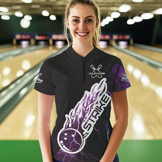 Custom Black And Purple Thunder Lightning Strike Bowling Womens Quarter-Zip Shirts Shirt IPHW8535