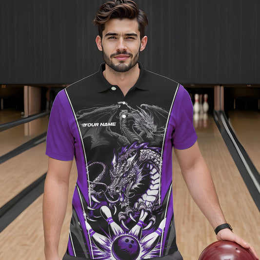 Custom Black And Purple Dragon Bowling Polo Shirts For Men, Dragon Bowling Tournament Uniform IPHW8554