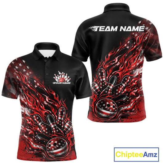 Custom Patriotic Red Flame Bowling Shirts, US Flag Bowling Team Jerseys Freedom 4Th Of July Bowling Shirt IPHW10433