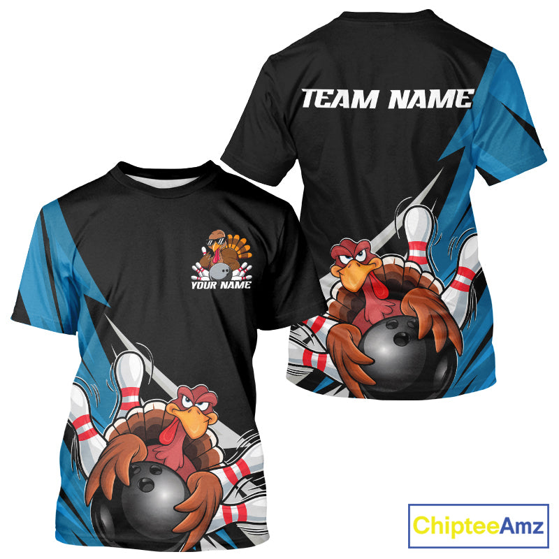 Black And Blue Custom Funny Turkey Thanksgiving Bowling Team T-Shirts For Men IPHW8878