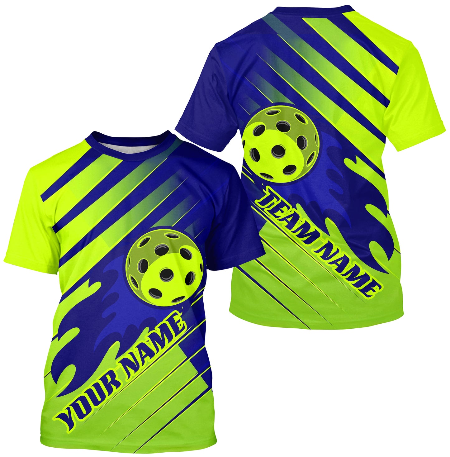 Blue And Green Custom Flame Ball Pickleball T-Shirts For Men, Personalized Pickleball Team Uniform IPHW7454