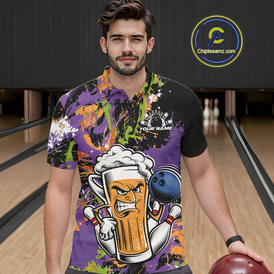 Custom Halloween Vibe Colorful Splatter Funny Bowling Beer Men Polo Shirt IPHW12171