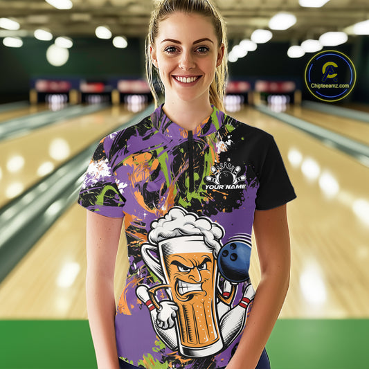 Custom Halloween Vibe Colorful Splatter Funny Bowling Beer Women Quarter-Zip Shirt IPHW12171
