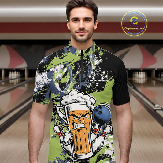 Custom Black And Green Splatter Funny Bowling Beer Men Quarter Zip Shirt, Bowling Jersey IPHW12173