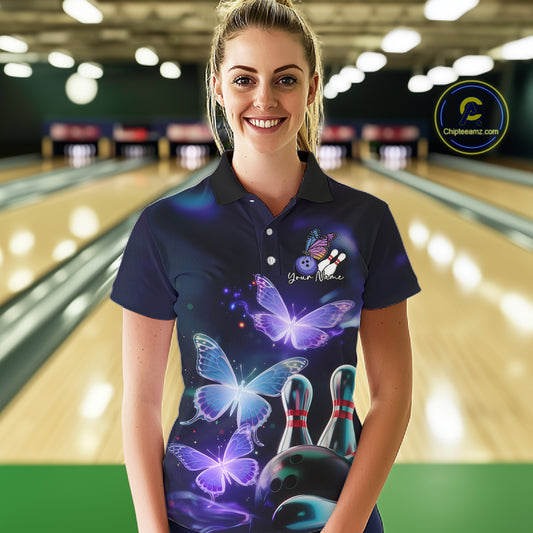 Custom Butterfly Bowling Polo Shirts For Women, Bowling Team Shirt With Butterflies IPHW8147
