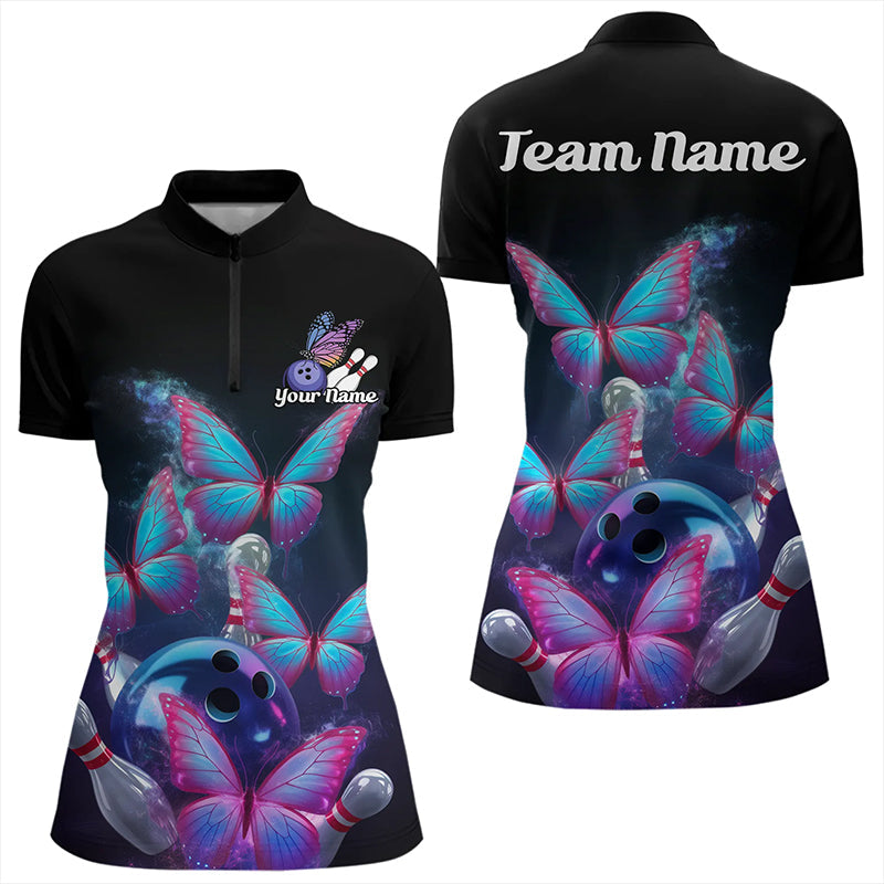 Custom Blue And Purple Butterfly Bowling Quarter-Zip Shirts For Women, Bowling Team Shirt IPHW8149