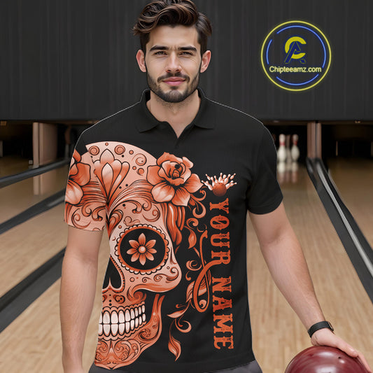 Orange Sugar Skull Tattoo Custom Men Bowling Polo Shirt, Halloween Team Bowling Jerseys IPHW10724