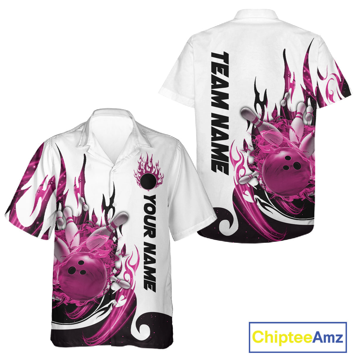 Custom Pink Flame Bowling Team Jerseys, Bowling League Hawaiian Shirt For Men And Women IPHW10726