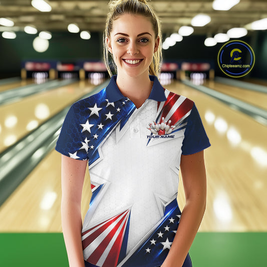 Custom Patriotic Bowling League Team Shirt, American Flag Bowling Women Polo Shirt IPHW12189