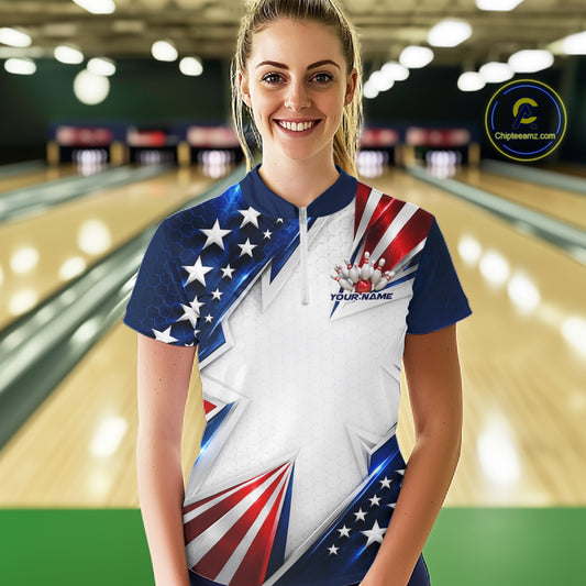 Custom Patriotic Bowling League Shirt, American Flag Bowling Women Quarter-Zip Shirt IPHW12189