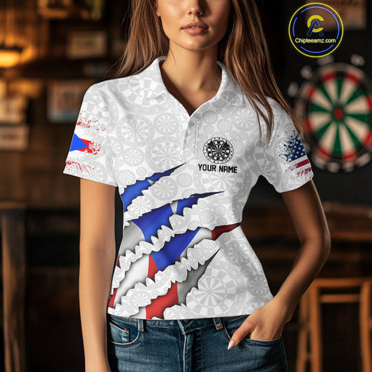 Custom Puerto Rico American Flag Dart Team Polo Shirt For Women, Patriotic Dart Jerseys IPHW10022