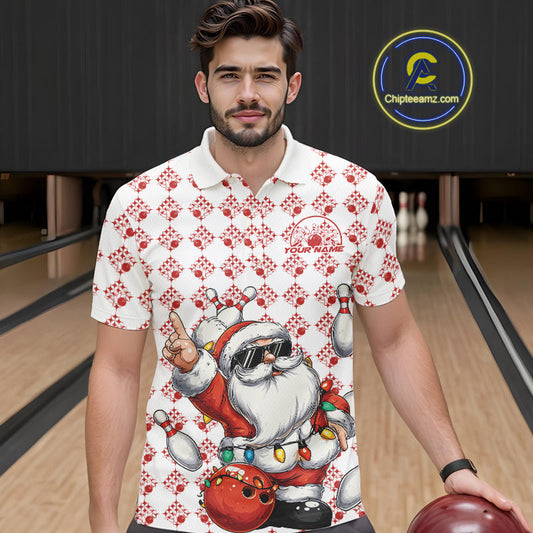 Custom Funny Santa Claus Christmas Bowling Men Polo Shirts, Xmas Bowling Team Shirt IPHW10111