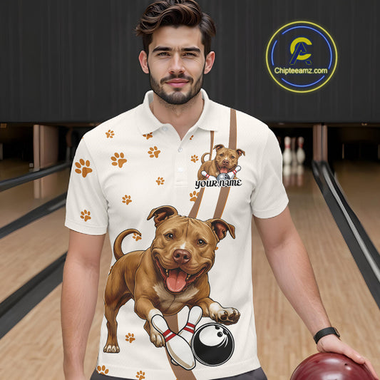 Custom Funny Brown Pitbull Dog Bowling Men Polo Shirts, Dog Paw Print Bowler Outfit IPHW10248
