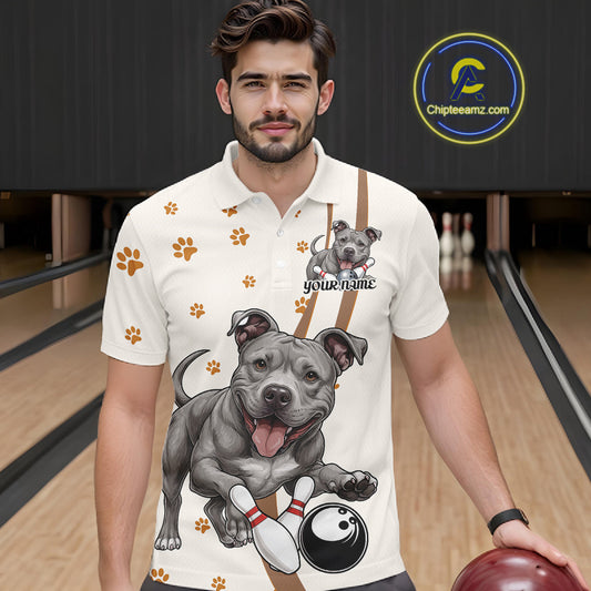 Custom Funny Pitbull Dog Bowling Men Polo Shirts, Dog Paw Print Bowler Outfit IPHW10249