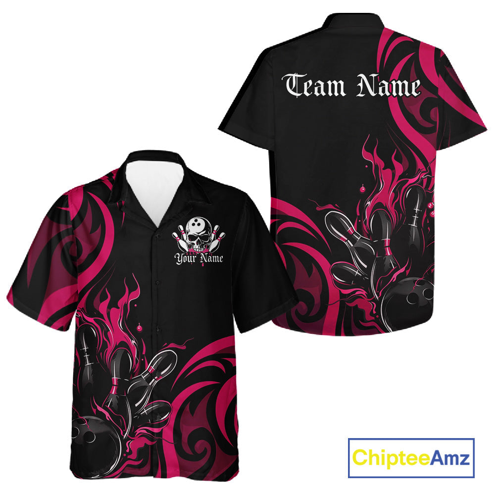 Custom Black And Pink Tribal Flame Bowling Men And Women Shirts, Bowling League Shirt Team Jerseys IPHW10737