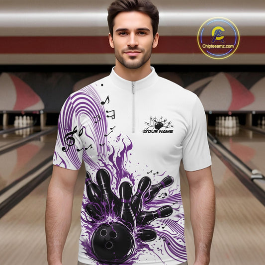 Male model wearing a white and purple bowling quarter-zip shirt at the bowling lane with flowing music-themed bowling artwork.