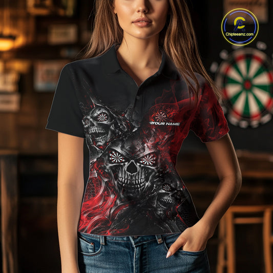 Custom Black And Red Flame Skull Dart Jersey Dart Team Women Polo Shirt Halloween Outfit IPHW12631