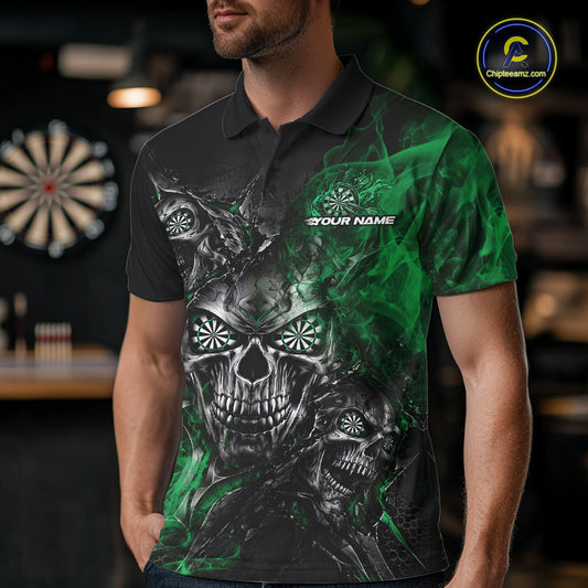 Custom Black And Green Flame Skull Dart Jersey Dart Team Men Polo Shirt Halloween Outfit IPHW12632