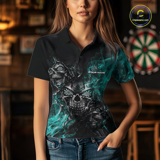 Custom Black And Turquoise Flame Skull Dart Jersey Dart Team Women Polo Shirt Halloween Outfit IPHW12634