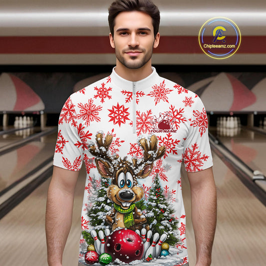 Custom Cute Funny Reindeer Christmas Bowling Men Quarter-Zip Shirts, Xmas Team Bowling Shirt IPHW10113