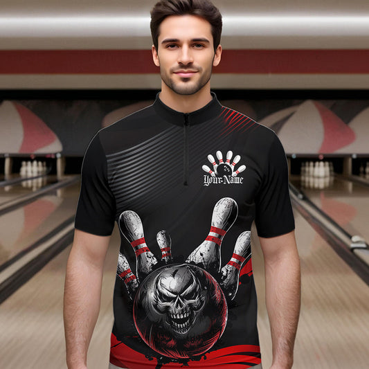 Custom Black And Red Grunge Style Skull Bowling Quarter-Zip Shirts For Men, Bowling Team Uniform IPHW8907
