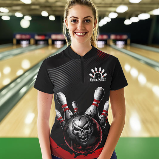Custom Black And Red Grunge Style Skull Bowling Quarter-Zip Shirts For Women Team Uniform IPHW8907