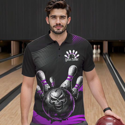 Custom Black And Purple Grunge Style Skull Bowling Polo Shirts For Men, Bowling Team Uniform IPHW8909