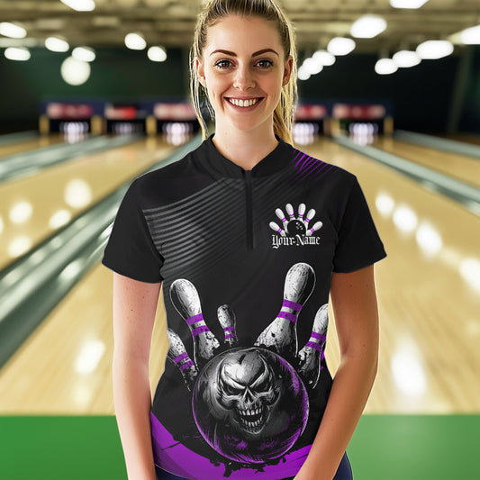 Custom Black And Purple Grunge Style Skull Bowling Women Quarter-Zip Shirts, Team Uniform IPHW8909