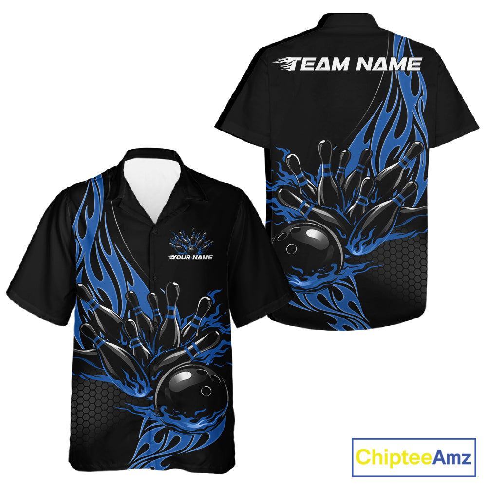 Front and back view of a black button-up bowling shirt mockup featuring blue flaming black bowling ball striking pins with bold athletic illustration.