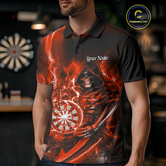 Custom Black And Red Flame Grim Reaper Dart Team Men Polo Shirts, Halloween Dart Otufit IPHW10027