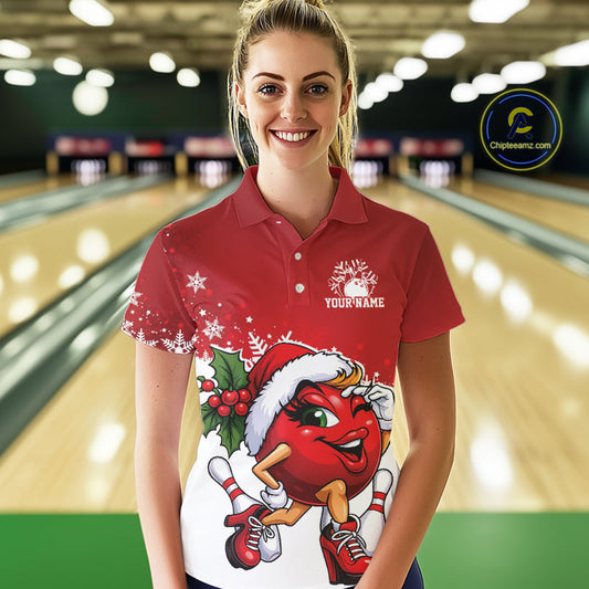 Custom Cute Funny Ladies Christmas Bowling Polo Shirts, Women Team Xmas Bowling Outfit IPHW10136