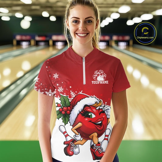 Custom Cute Funny Ladies Christmas Bowling Quarter-Zip Shirts, Women Team Xmas Outfit IPHW10136