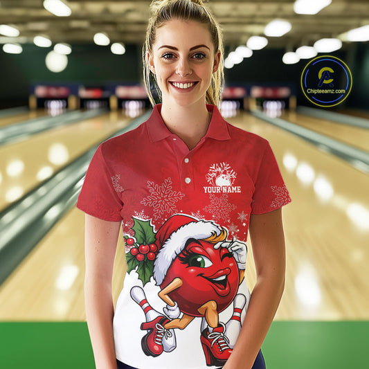 Custom Cute Funny Ladies Christmas Bowling Polo Shirts, Women Team Xmas Bowling Outfit IPHW10137