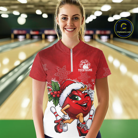 Custom Cute Funny Ladies Christmas Bowling Quarter-Zip Shirts, Women Team Xmas Outfit IPHW10137