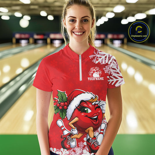 Custom Cute Funny Ladies Christmas Bowling Quarter-Zip Shirts, Women Team Xmas Outfit IPHW10138
