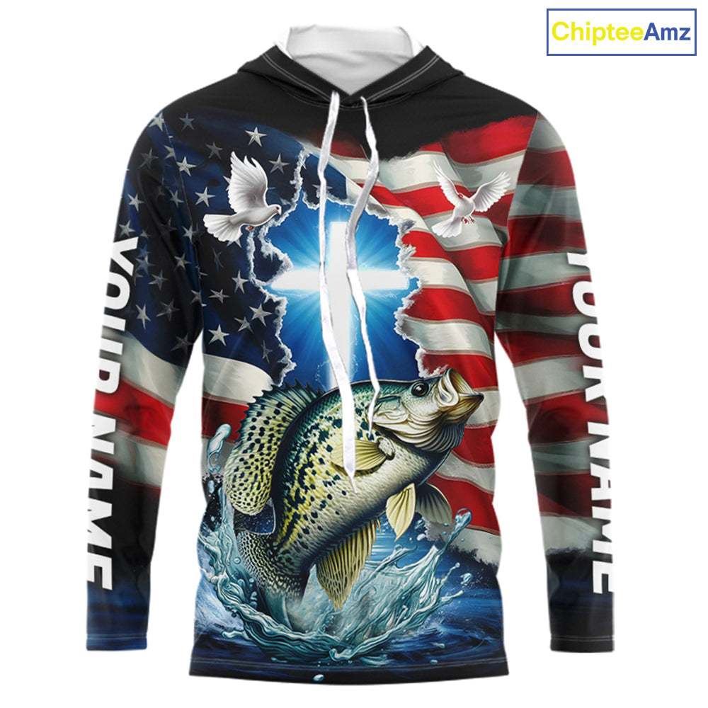 Custom Faith Crappie Patriotic Long Sleeve Hooded Tournament Fishing Shirt, US Fishing Jerseys IPHW8178