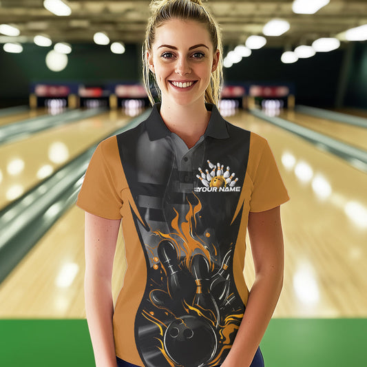 Custom Black And Yellow Flame Bowling Polo Shirts For Women, Fire Bowling League Shirt IPHW8621