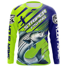 Load image into Gallery viewer, Personalized Striped Bass Fishing Tournament Jerseys, Performance Long Sleeve Shirts In Blue & Green IPHW6624