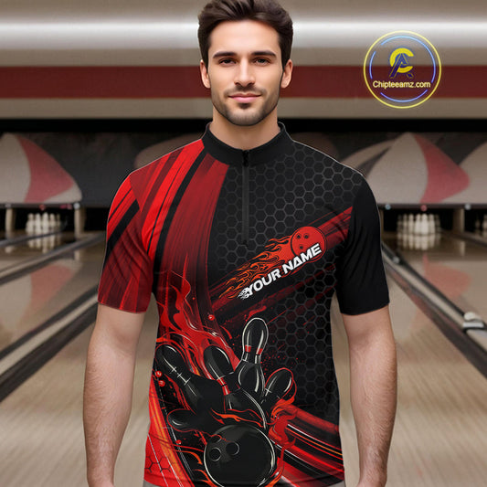 Custom Black And Red Flame Bowling Jerseys, Bowling Team Quarter-Zip Shirts For Men IPHW9884