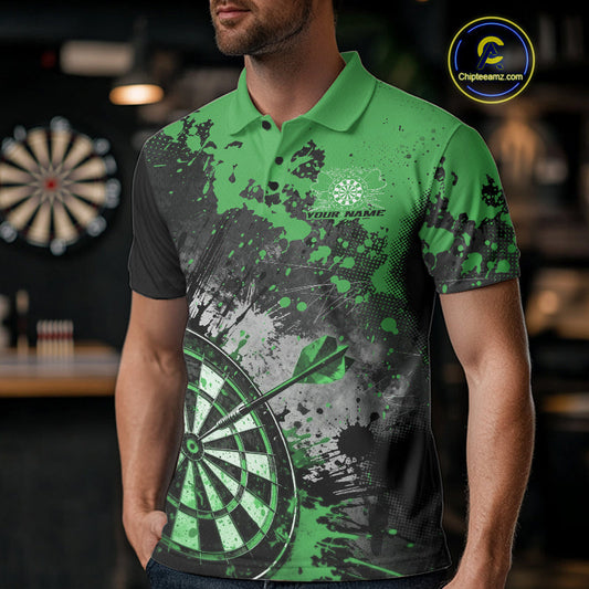 Custom Black And Green Splatter Dart Men Polo Shirt, Grunge Style Dart Team Jerseys IPHW10054