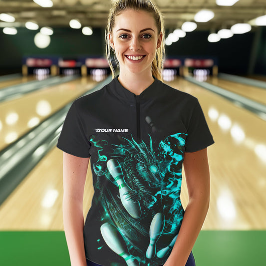 Custom Black And Blue Flame Dragon Bowling Womens Quarter-Zip Shirts, Bowling Team Shirt IPHW8417
