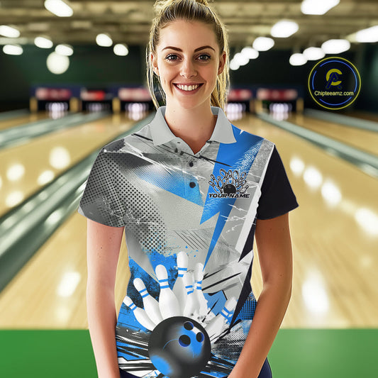Custom Blue And Gray Geometric Bowling Jerseys Bowling Team Polo Shirts For Women IPHW9509