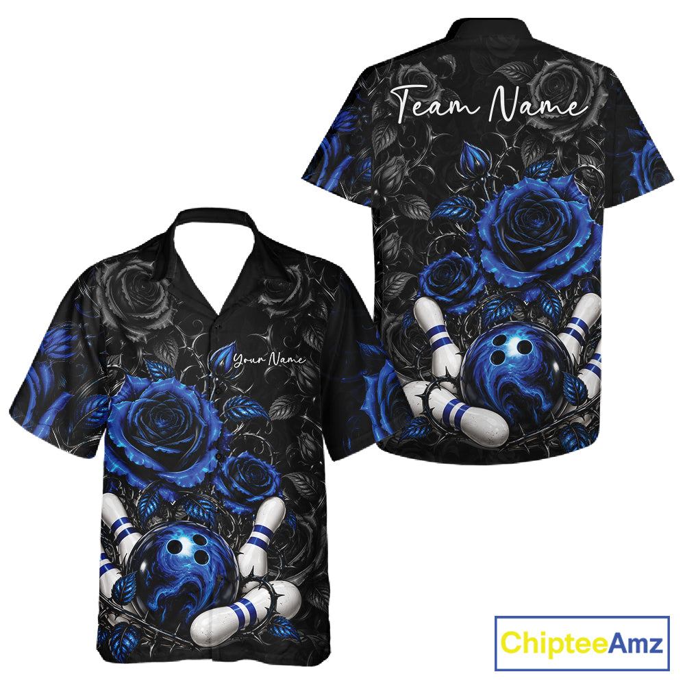 Custom Blue Roses Bowling Team Shirt, Flower Bowling Lover Men And Women Button Up Shirt Bowlers Gift IPHW12237