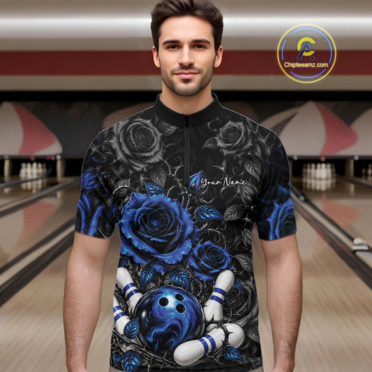 Custom Blue Roses Bowling Team Shirt, Flower Bowling Lover Men Quarter Zip Shirt Bowlers Gift IPHW12237
