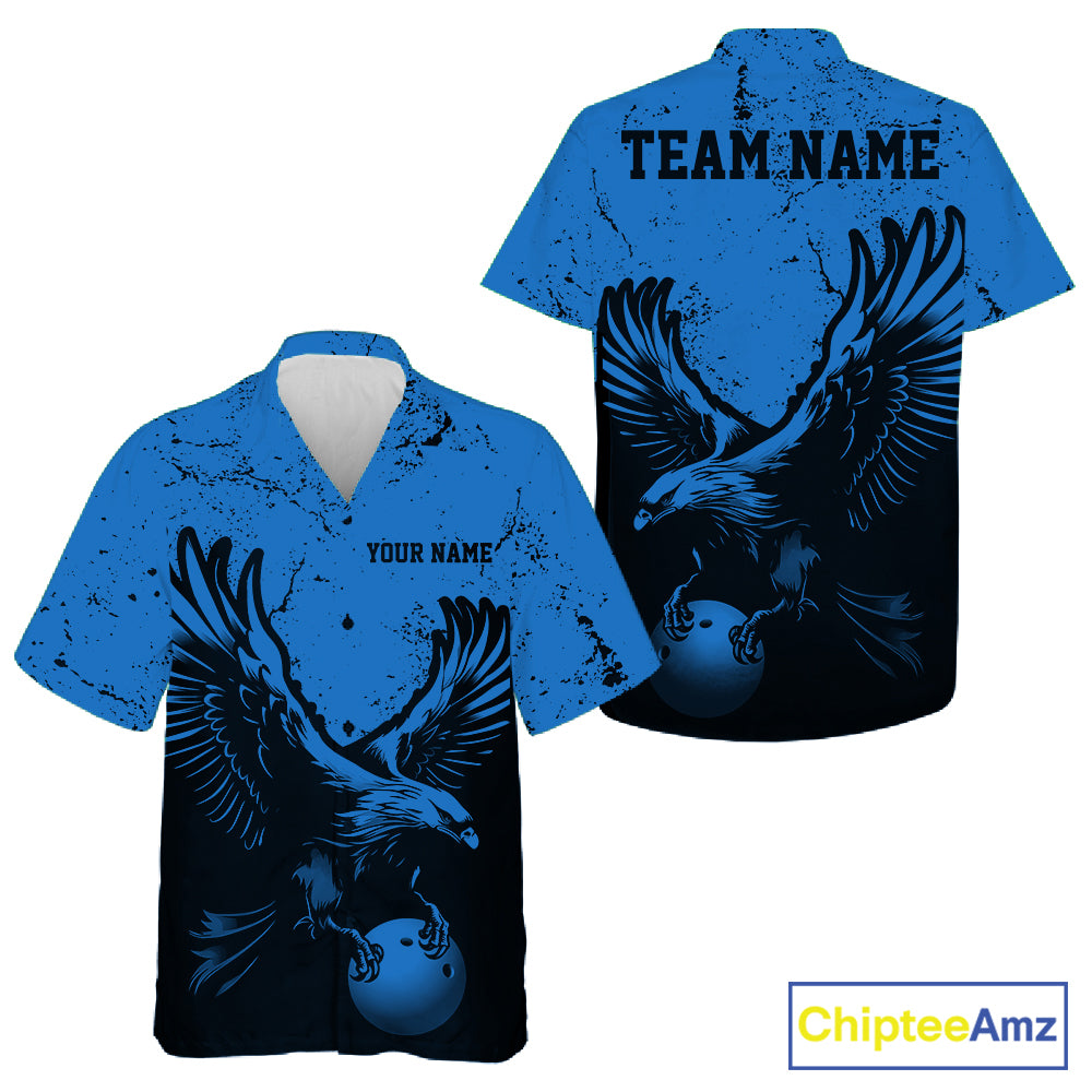 Custom Royal Blue Eagle Bowling Men And Women Button Up Shirt, Grunge Bowling Jersey Team Uniform IPHW12711
