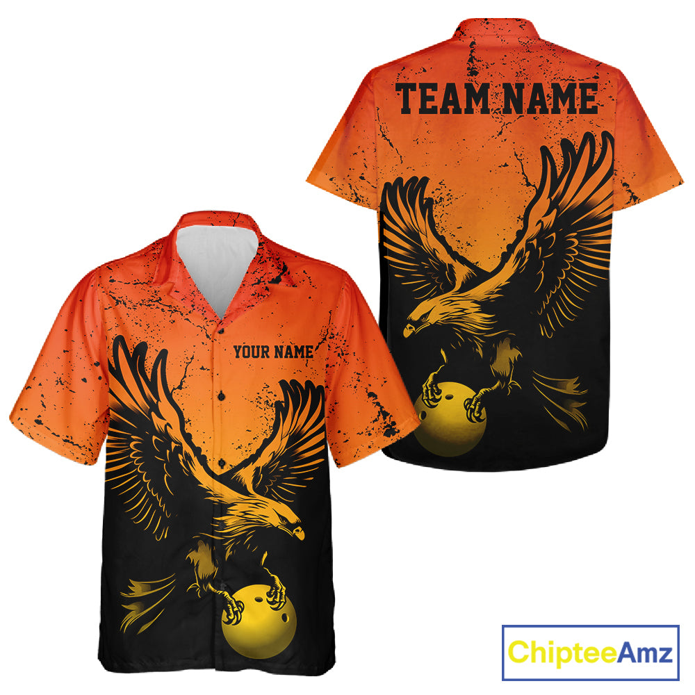 Custom Orange And Yellow Eagle Bowling Men And Women Button Up, Grunge Bowling Jersey Team Uniform IPHW12713