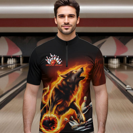 Custom Fire Flaming Wolf Bowling Quarter-Zip Shirts For Men, Wolf Bowling Tournament Shirt IPHW8427