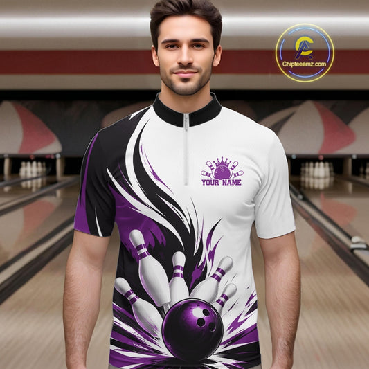 Front view of a male model wearing a white, black, and purple bowling quarter zip shirt featuring a flaming bowling ball knocking down pins in a bowling lane.