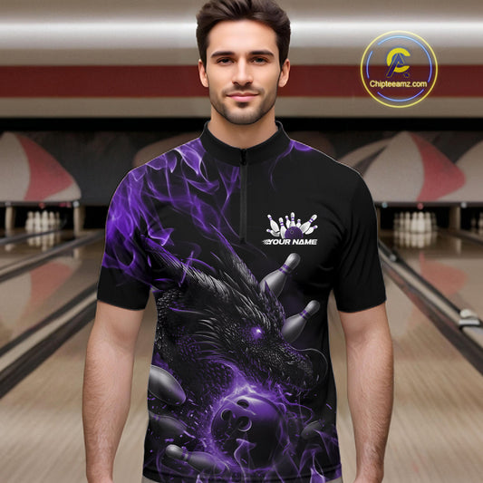 Custom Black And Purple Flame Dragon Bowling Men Quarter-Zip Shirt, Dragon Bowling League Shirt IPHW10276