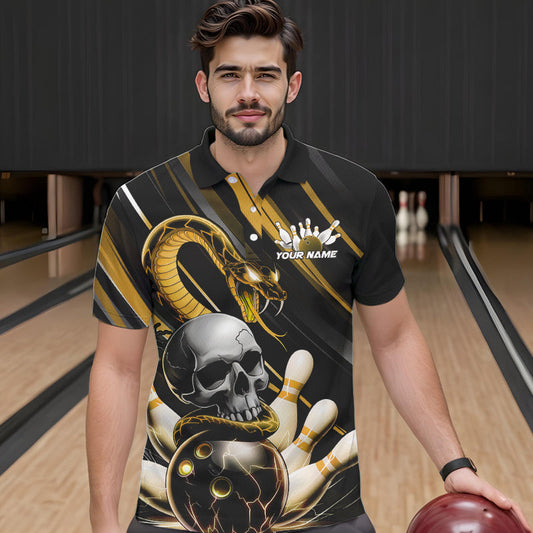 Custom Black And Yellow Snake Skull Bowling Polo Shirts For Men, Bowling Team Shirt IPHW8671